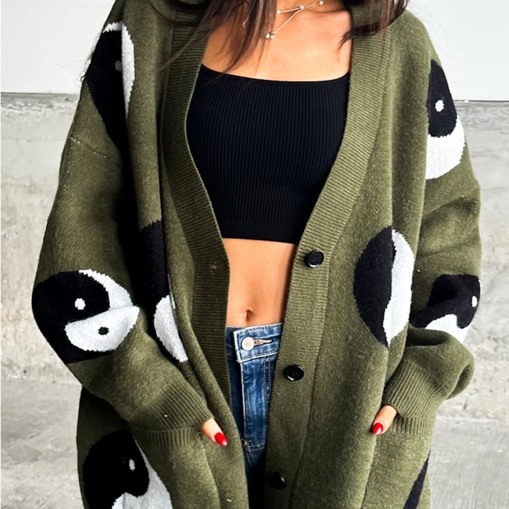 Olive Green Yin Yang Cardigan Sweater